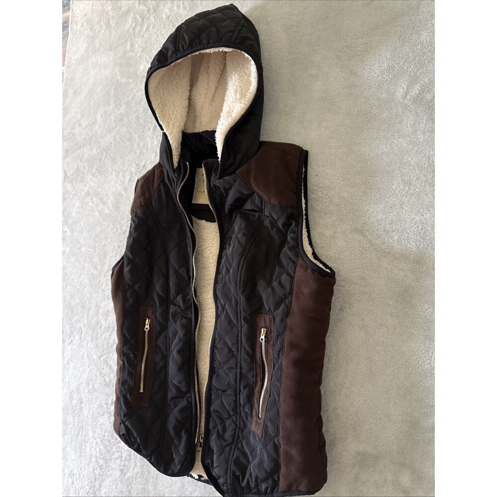 Padded Hooded Wind Resistant Cozy Zip Vest Black Cream Fleece Young Sz M Ci Sono - Picture 7 of 16